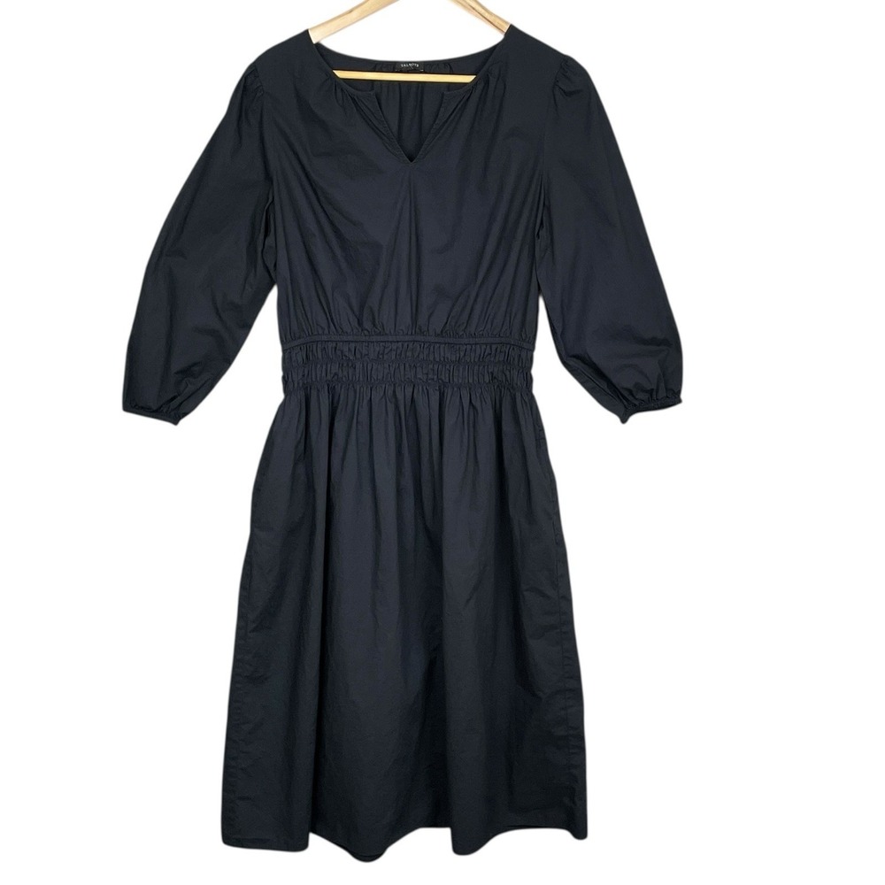 Talbots Navy Poplin Balloon Sleeve Midi Dress‎ Size 16 Minimalist Preppy Pockets